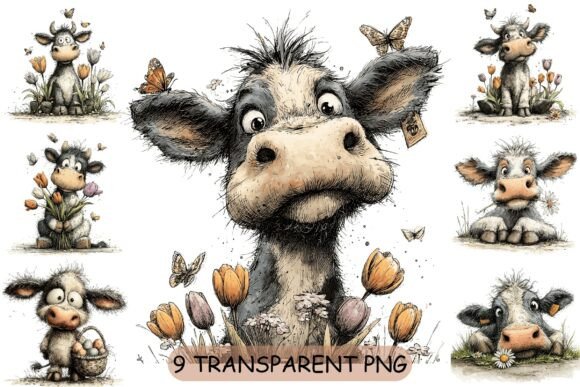 9 Spring Cow PNG Clipart Set: Whimsical Farm Art