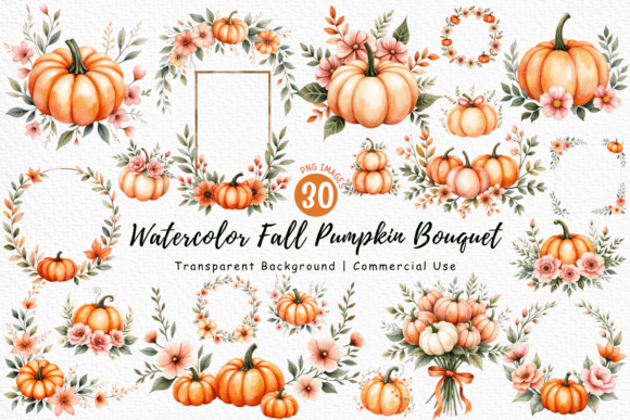 Watercolor Fall Pumpkin Bouquet Clipart